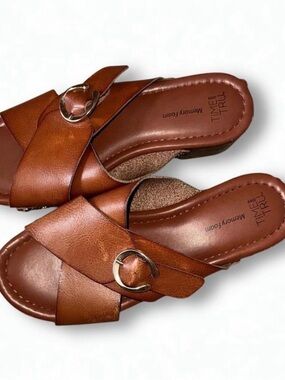 Time and Tru Cognac Brown Buckle Slide Sandals